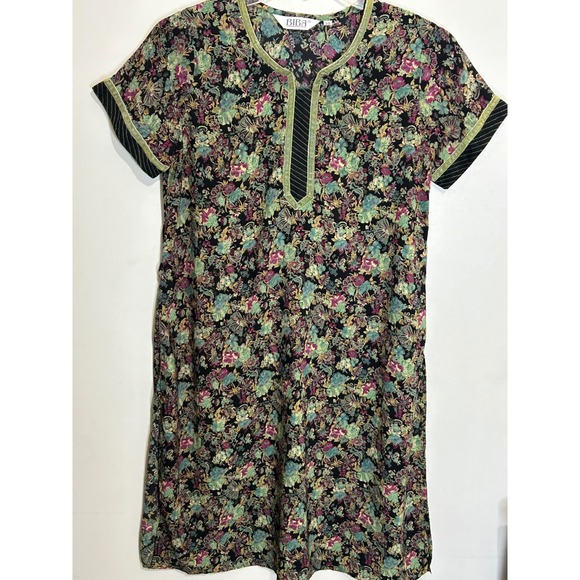 BIBA Floral Print Dress Short Sleeve Green Trim Vintage Size 38 - Picture 1 of 3
